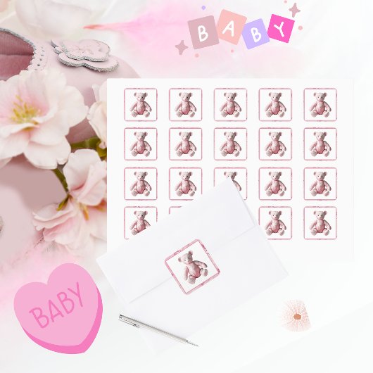  Elegant Roze Toile Teddy Bear Celebration Vierkante Sticker