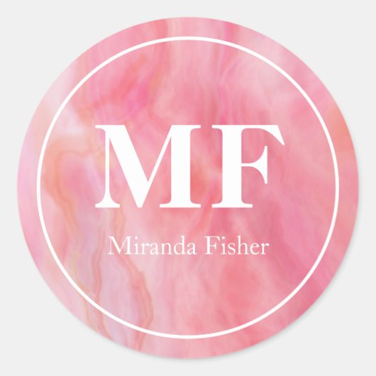 Elegant roze Waterverf Agate Pattern - Monogram Ronde Sticker (Voorkant)