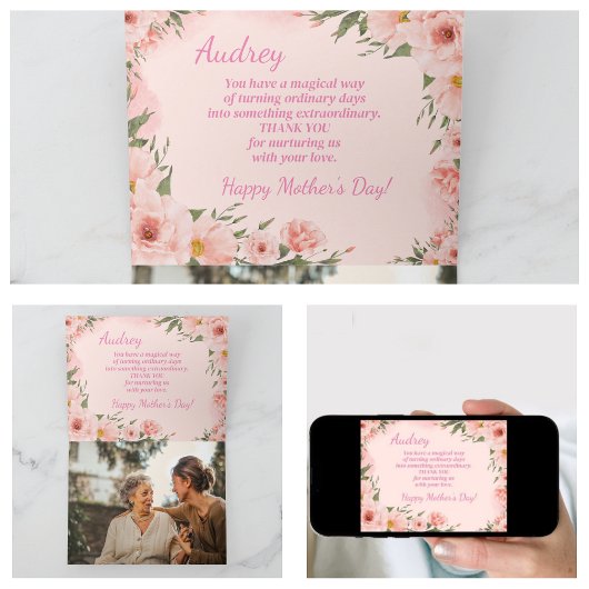 Elegant Roze Waterverf Bloemen Moederdag Kaart