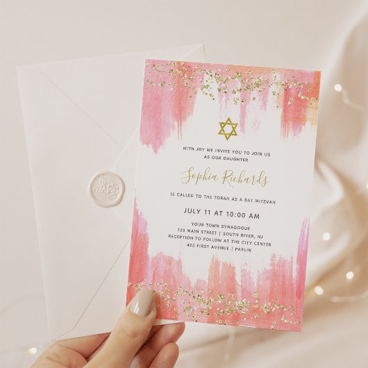Elegant roze Waterverf en goud | Bat Mitzvah Kaart