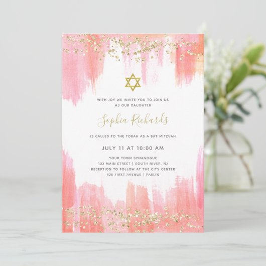 Elegant roze Waterverf en goud | Bat Mitzvah Kaart (Staand voorkant)