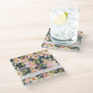 Elegant roze Waterverf Floral Custom Wedding Glazen Onderzetter