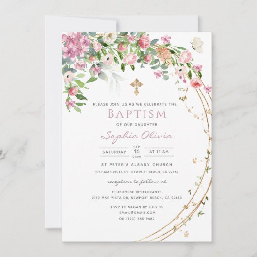 Elegant roze Waterverf Floral Girl Baptism Invit Kaart (Voorkant)