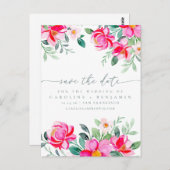 Elegant roze Waterverf Floral Script Save Date Briefkaart (Voorkant / Achterkant)