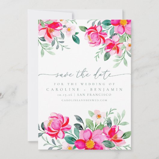 Elegant roze Waterverf Floral Script Weddenschap Save The Date (Voorkant)