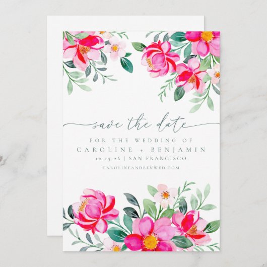 Elegant roze Waterverf Floral Script Weddenschap Save The Date (Voorkant / Achterkant)