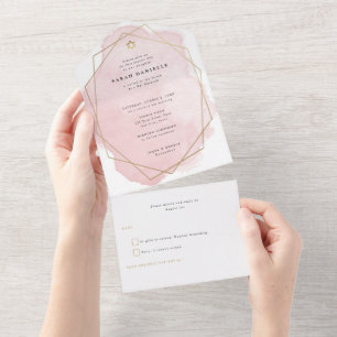Elegant roze Waterverf Gold Lijst bat Mitzvah All In One Uitnodiging
