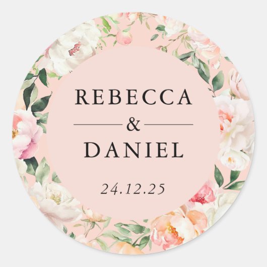 Elegant Roze Waterverf Pioenrozen Bloemenbruiloft Ronde Sticker (Voorkant)