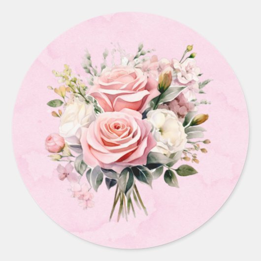Elegant Roze Waterverf Rozen Boeket Bruiloft Ronde Sticker (Voorkant)