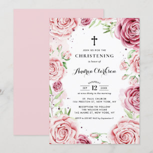Elegant roze Waterverf Rozen Lijst Christening Kaart