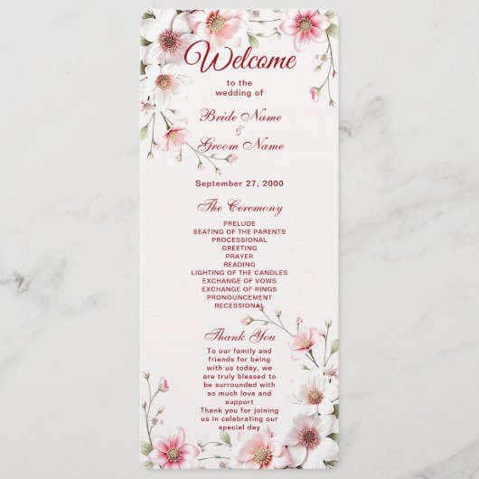 Elegant roze wit bloemen-huwelijksprogramma programma (Voorkant)