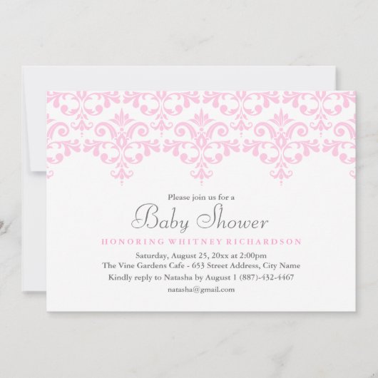 Elegant Roze & Wit Damask Baby shower Uitnodiging (Voorkant)