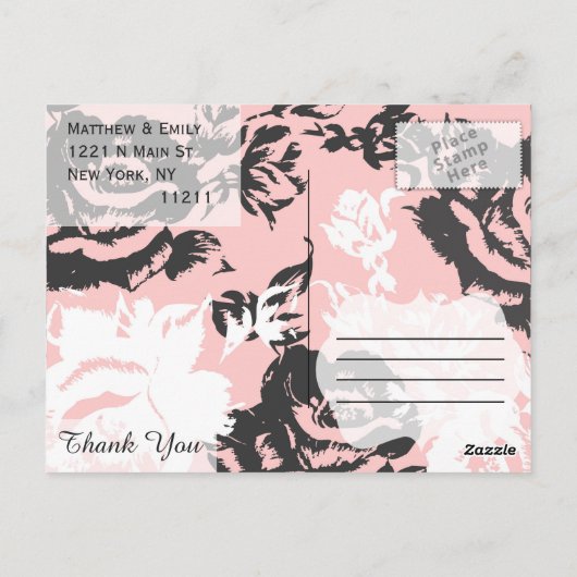 Elegant roze, wit en grijs bloemenpatroon briefkaart (Achterkant)