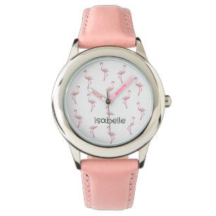 Elegant Roze Wit Flamingo   Monogram Aangepast Horloge
