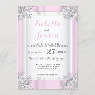 Elegant Roze & Wit Satijn met Zilver Kaart