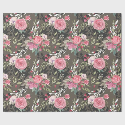 Elegant Roze Wit Zwart Roos Bloemen Cadeaupapier (Vlak)