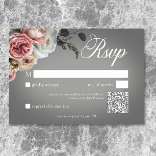 Elegant Roze Witte Bloemen Roos Grijs Huwelijk QR RSVP Kaartje