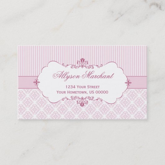 Elegant  roze witte damesstripes visitekaartje (Voorkant)