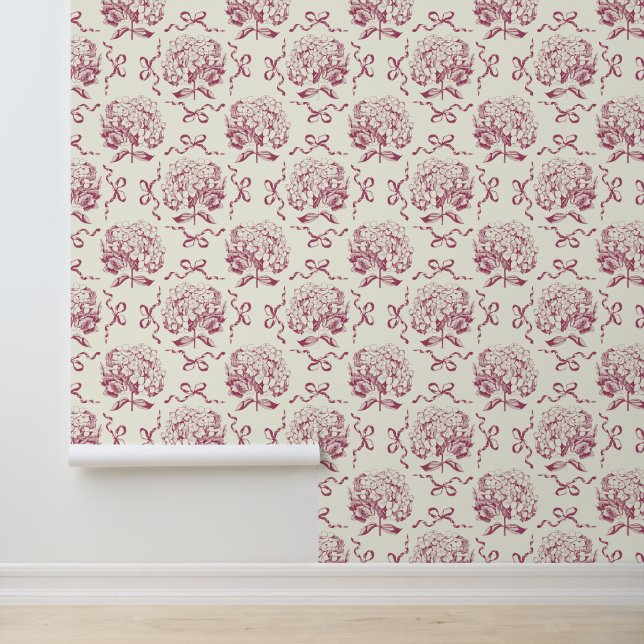 Elegant  Roze Witte Hydrangea Bow Pattern Behang (Applicatie)