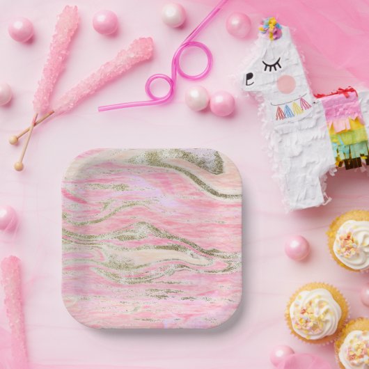 Elegant roze zilver glitter marmer Patroon Papieren Bordje (Feest)