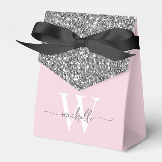 Elegant Roze Zilver Glitter Monogram Naam Script Bedankdoosjes (Voorkant Zijde)
