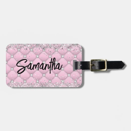 Elegant roze zilver sparkly glitter monogram bagagelabel (Voorkant horizontaal)