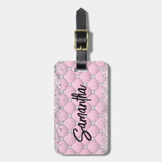 Elegant roze zilver sparkly glitter monogram bagagelabel (Voorkant verticaal)