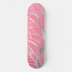 Elegant roze zilveren herfstboomtekening skateboard