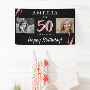 Elegant roze zwart 50th Birthday 2 Fotoachtergrond Spandoek