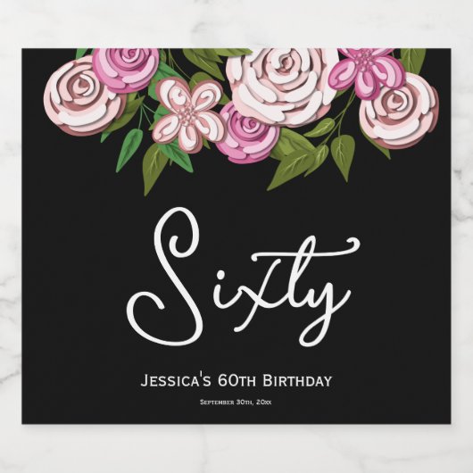 Elegant Roze Zwart 60e Verjaardag Bloemen Sparkling Wijnetiket (Enkel label)