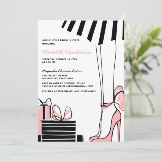 Elegant Roze Zwart Bruids Douche Uitnodiging (Staand voorkant)