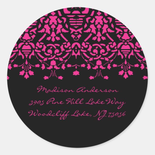 Elegant Roze & Zwart Damask Adreslabel Sticker (Voorkant)