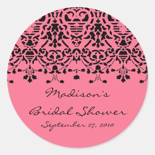 Elegant Roze & Zwart Damask Bruidsdouche Sticker (Voorkant)