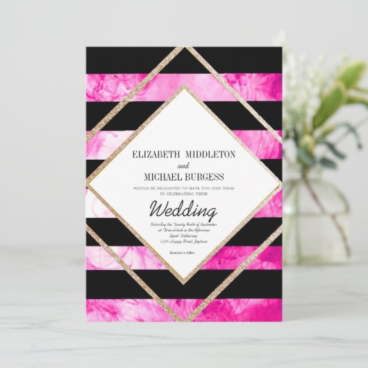 Elegant roze zwart-wit en kopergouden bruiloft kaart (Staand voorkant)