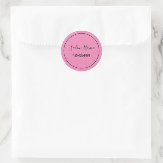 Elegant roze zwarte winkelnaam & nummer ronde sticker