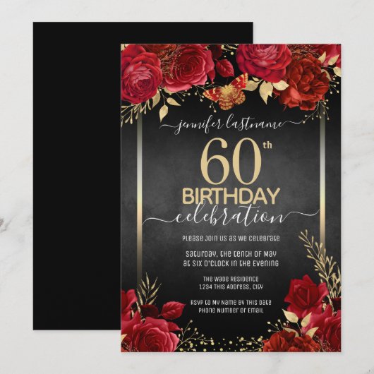 Elegant Rozen 60th Birthday Invitation Kaart (Voorkant / Achterkant)