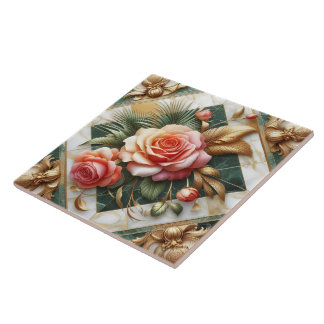 Elegant Rozen bloemontwerp met gouden accenten Tegeltje