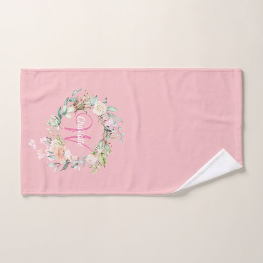 Elegant Rozen Floral roze Script Monogram Bad Handdoek (Handdoek)