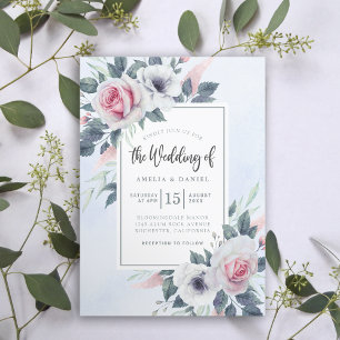 Elegant Rozen Floral Waterverf Light Blue Wedding Kaart