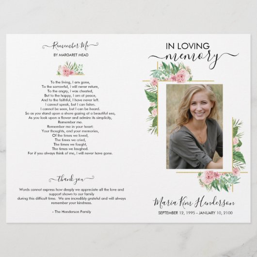 Elegant Rozen Foto Memorial Funeral Programme (Voorkant)