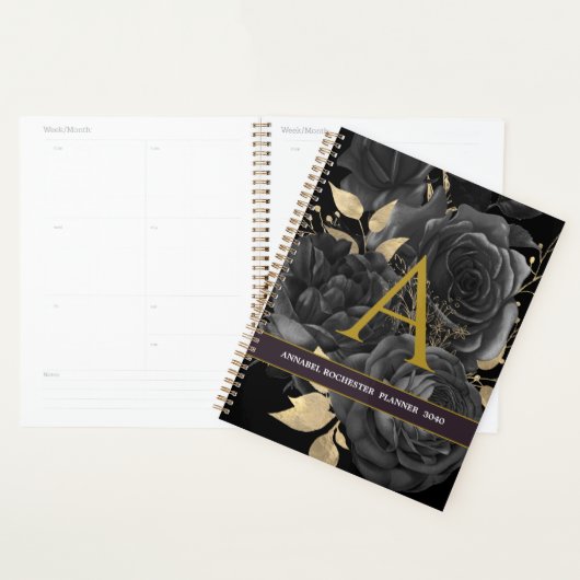 Elegant rozen, zwart en goud, gemononeerd planner (Display)