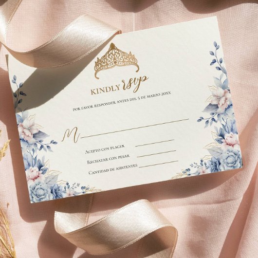 Elégant rsvp quinceañera Floral or bleu rose