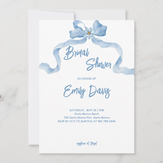 Élégant ruban Bleu Bridal Shower Invitation (Devant)