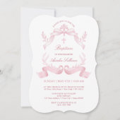 Élégant rubans roses Baptême Invitation (Devant)