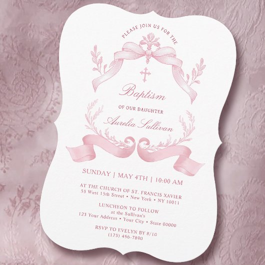 Élégant rubans roses Baptême Invitation