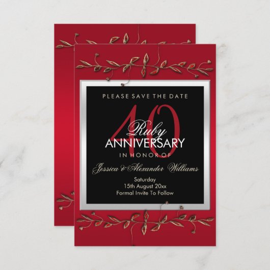 Elegant Ruby Gemstone 40th Wedding Jubileum Save The Date (Voorkant / Achterkant)