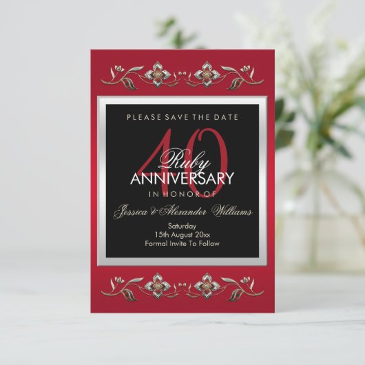 Elegant Ruby Gemstone 40th Wedding Jubileum Save The Date (Staand voorkant)