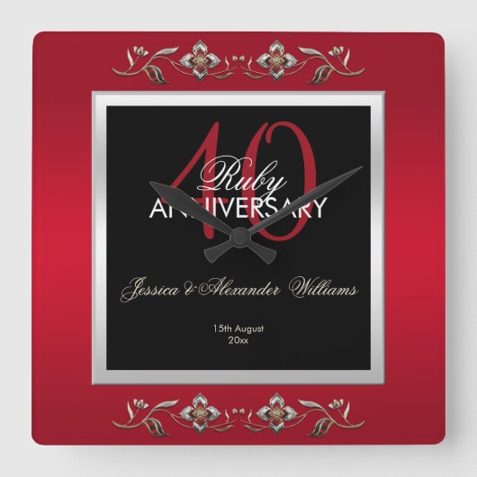 Elegant Ruby Gemstone 40th Wedding Jubileum Vierkante Klok (Voorkant)