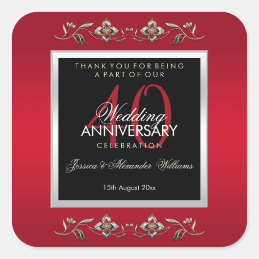 Elegant Ruby Gemstone 40th Wedding Jubileum Vierkante Sticker (Voorkant)