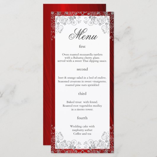 Elegant Ruby Red Four Course Wedding Menu (Voorkant / Achterkant)